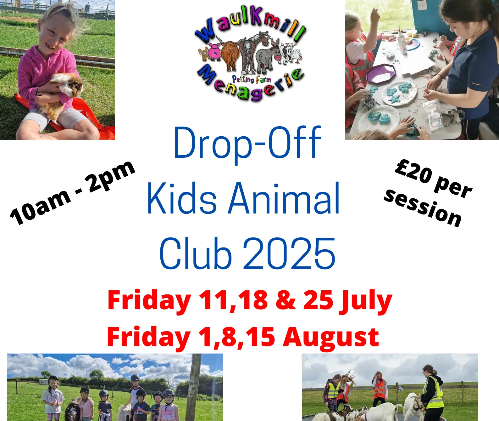 Flyer for Waulkmill Menagerie Drop-Off Kids Animal Club 2025. Event runs on Fridays